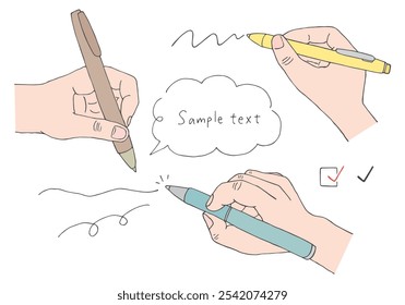 Hand drawn illustration set of hands holding pens