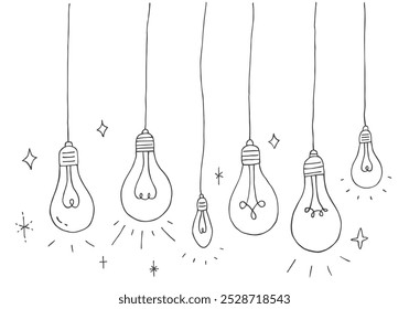 Hand drawn illustration set of hanging light bulbs