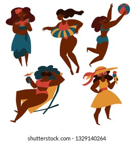 Hand drawn illustration set of happy diverse cartoon women doing summer activites made in minimal flat style isolated on white.