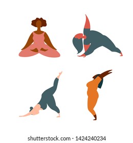 Hand drawn illustration set of happy diverse cartoon women doing yoga asana pose made in minimal flat style isolated on white.