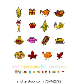 Hand drawn illustration set / Happy Thanksgiving Day - vector