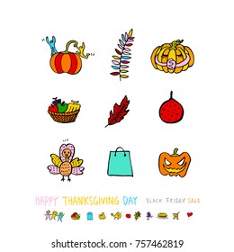 Hand drawn illustration set / Happy Thanksgiving Day - vector