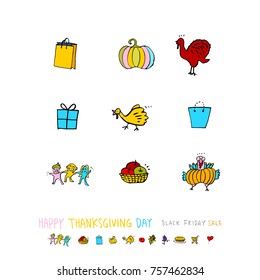 Hand drawn illustration set / Happy Thanksgiving Day - vector