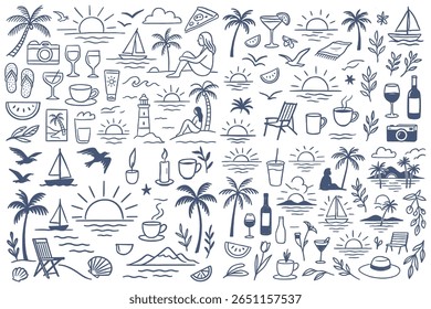 Ilustração desenhada à mão de um conjunto de ícones relacionados a umas férias de verão tropicais. Inclui elementos como praias, palmeiras, sol, mar, comida, relaxamento, recreação, turismo e muitos outros elementos