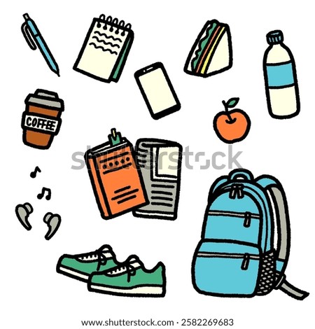 Hand drawn illustration set of items at university