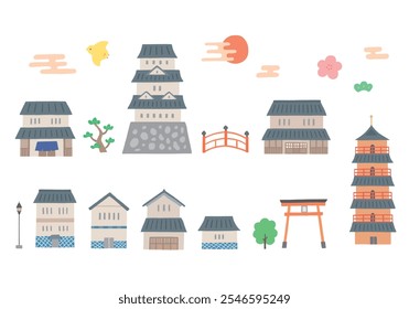 Hand drawn illustration set of Japanese style buildings