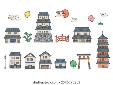 Hand drawn illustration set of Japanese style buildings