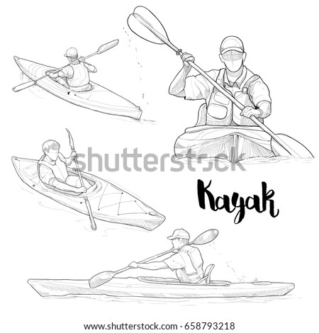hand drawn illustration set of kayaking.