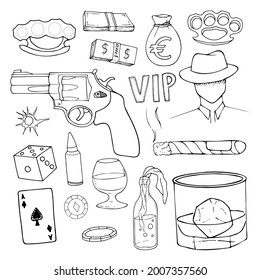handgezeichnete Illustration eines Mafia-Satzes. Outline Whiskey, Bourbon. Sketch molotov Cocktail. Logo-Design, Geld.Set Business und kriminell 