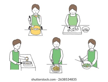 Hand drawn illustration set of a man cooking