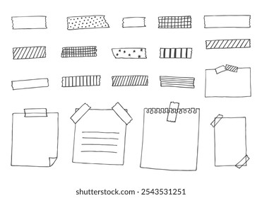 Hand drawn illustration set of masking tape and notes