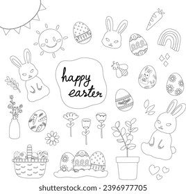 hand drawn illustration of a set monochrome line of Easter holiday sticker pack design elements. Cute elements doodle collection in flat style. For poster, card, scrapbooking, invitation, graphic