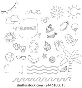 hand drawn illustration of a set monochrome line of Summer holiday sticker pack design elements. Cute elements doodle collection in flat style. For poster, card, scrapbooking, invitation, graphic