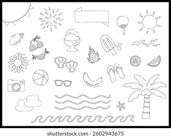 hand drawn illustration of a set monochrome line of Summer holiday sticker pack design elements. Cute elements doodle collection in flat style. For poster, card, scrapbooking, invitation, graphic