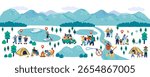 Hand drawn illustration set of mountains and people enjoying the outdoors