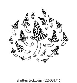 Hand drawn illustration set of mystical mushrooms, black contour