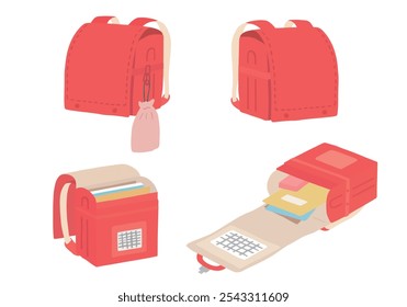 Hand drawn illustration set of open and closed school bags