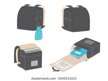 Hand drawn illustration set of open and closed school bags