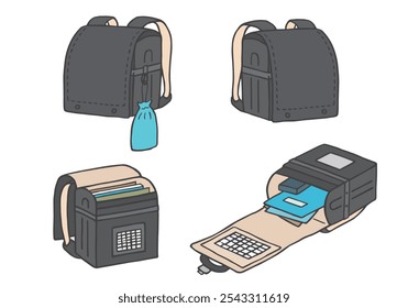 Hand drawn illustration set of open and closed black school bags