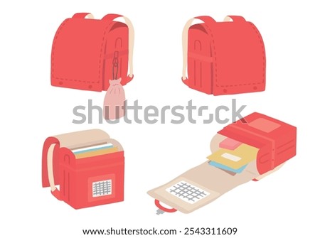 Hand drawn illustration set of open and closed school bags