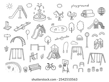 Hand drawn illustration set of park playground equipment