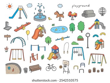 Hand drawn illustration set of park playground equipment