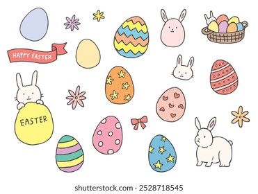 Conjunto de ilustración dibujado a mano de conejo y huevos de Pascua