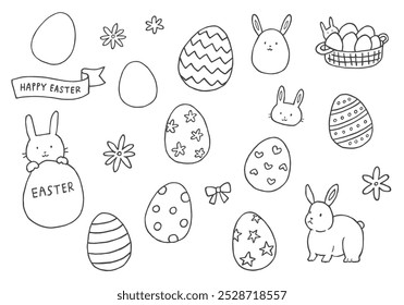 Hand drawn illustration set of rabbit and easter eggs