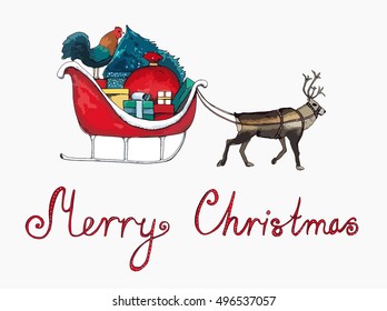 Hand drawn illustration set of red sleigh with presents, Christmas tree and rooster, pulled by reindeer and lettering Merry Christmas with outline vector