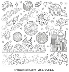 ilustração desenhada à mão com conjunto de planetas retrô do espaço futuro, superfícies e objetos, conceito de ficção científica da arte da linha, coleção de doodle