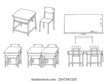 Hand drawn illustration set of school classroom desks and blackboard