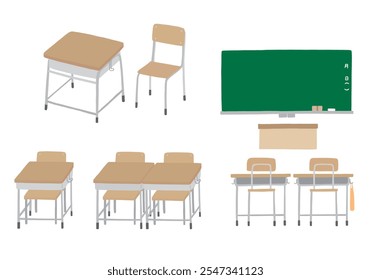 Hand drawn illustration set of school classroom desks and blackboard