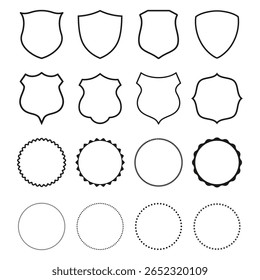 Dibujado a mano ilustración de un conjunto de contornos de escudo y varios círculos sobre un fondo blanco