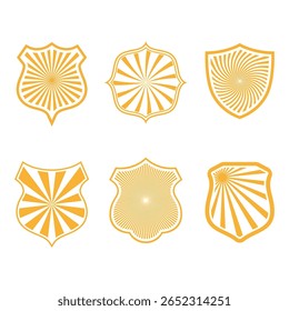 Hand drawn illustration of a set of shields with sun rays on a white background