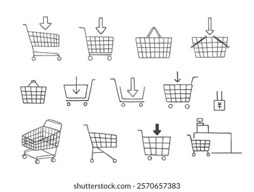 Hand drawn illustration set of shopping carts and baskets