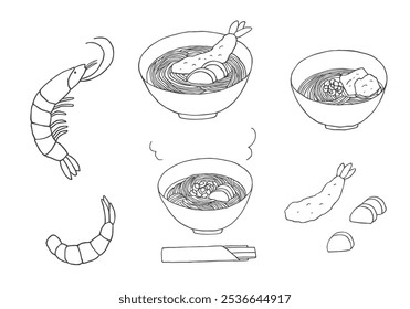 Hand drawn illustration set of shrimp and soba