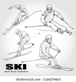 hand drawn illustration set of Skier skiing downhill. drawing vector. sketch of winter sport.