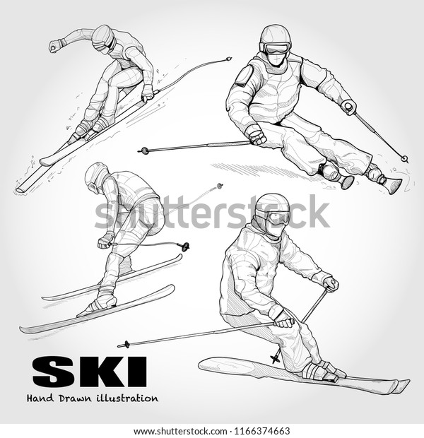 スキーで下り坂を滑る手描きのイラストセット 図面のベクター画像 冬のスポーツのスケッチ のベクター画像素材 ロイヤリティフリー