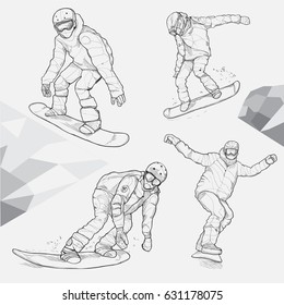 Hand drawn illustration set of snowboarding