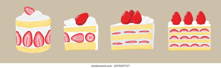 Hand drawn illustration set of strawberry sponge cake in various shapes