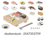 Hand drawn illustration set of sushi and sushi geta