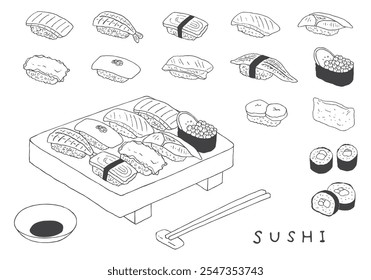 Conjunto de ilustración dibujado a mano de sushi y sushi geta