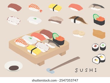 Hand drawn illustration set of sushi and sushi geta