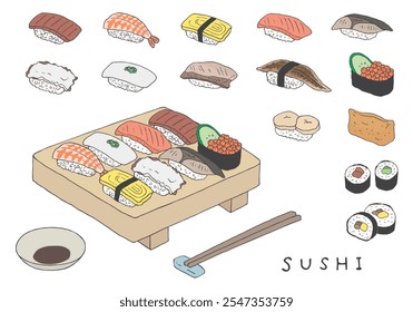 Hand drawn illustration set of sushi and sushi geta