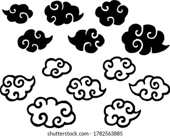 Hand drawn illustration set of swirl clouds (line drawing, silhouette)