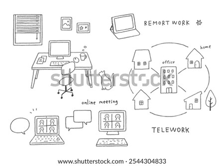 Hand drawn illustration set of telework and online meeting
