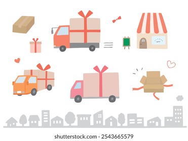 Hand drawn illustration set of trucks carrying presents