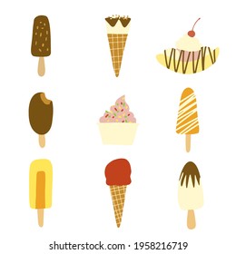 Hand drawn illustration of set of various types of ice cream including frozen yogurt, gelato, soft serve, waffle cones, bars, popsicles and other. Isolated on white background.