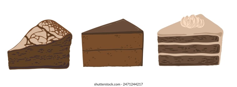 Hand drawn illustration set of various types of chocolate cakes