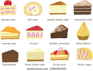 Hand drawn illustration set of various types of cakes